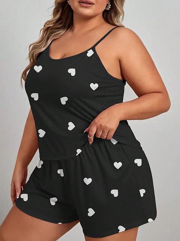 Women's  Heart Print  Pyjama Set, Casual Comfy Cami Top & Elastic Waist Shorts Pj Set,  Women's Sleepwear for Summer